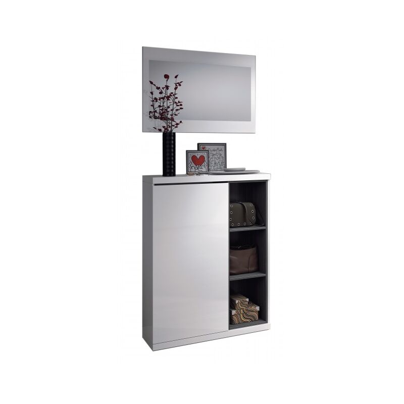 foto del prodotto abitare mobile ingresso 79x25x108h cm con scarpiera e specchio, bianco lucido grigio cenere alhena