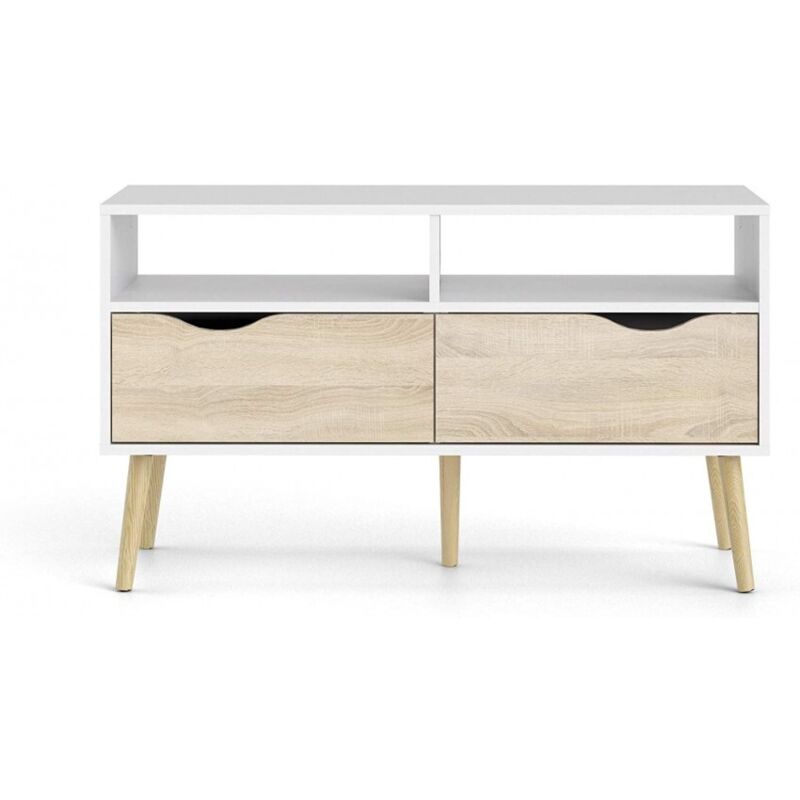 foto del prodotto abitare mobile soggiorno porta tv 99 cm bianco opaco e rovere con due cassetti gladiolo