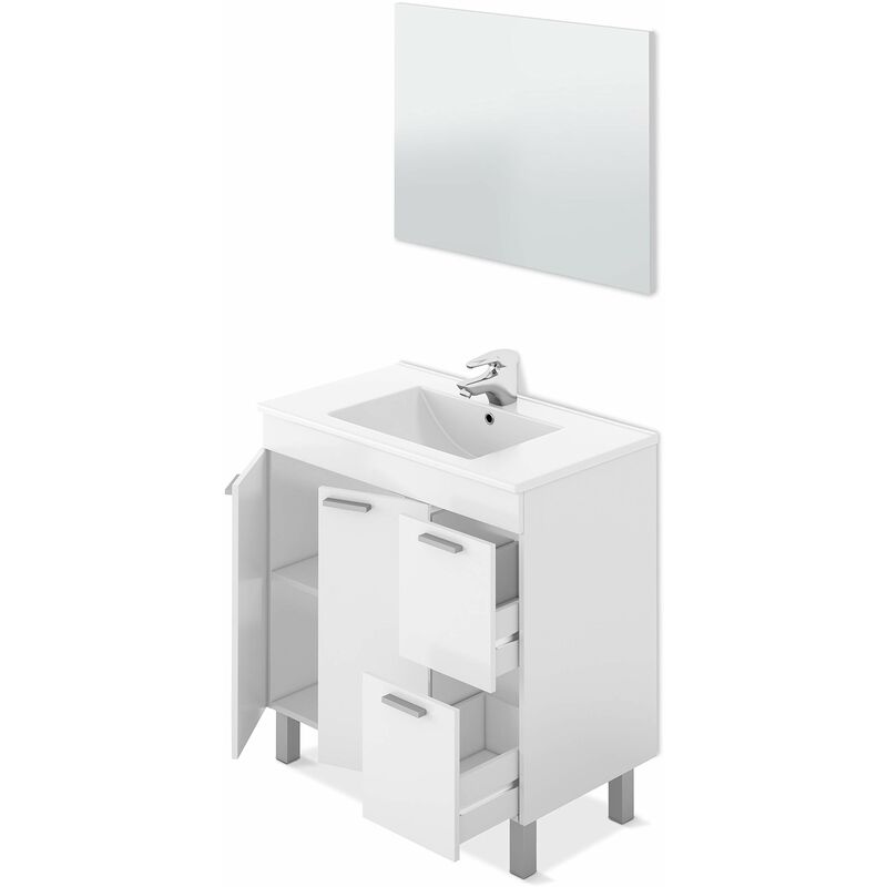 foto del prodotto abitare ond e, mobile da bagno con 2 porte, 2 cassetti e specchio, modello aktiva, finitura bianco lucido, misure 80 cm l x 80 cm h x 45 cm p 