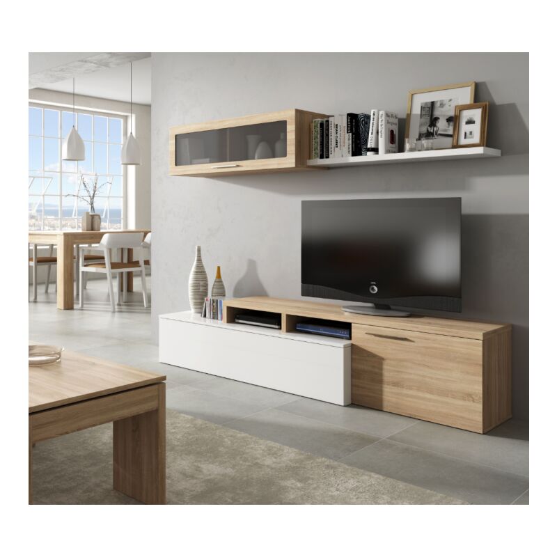 foto del prodotto abitare parete attrezzata, mobile soggiorno porta tv, composizione salotto reversibile, set salotto ad angolo, cm 200x41h44, rovere e bianco lucido
