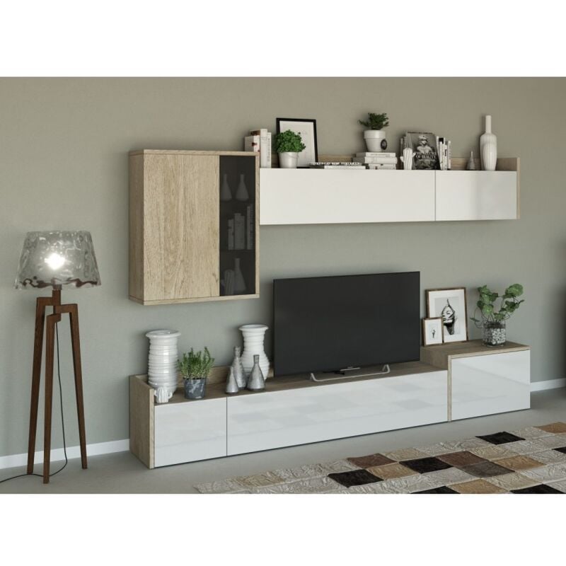 foto del prodotto abitare parete attrezzata porta tv 270 cm bianco lucido e rovere chiaro elva