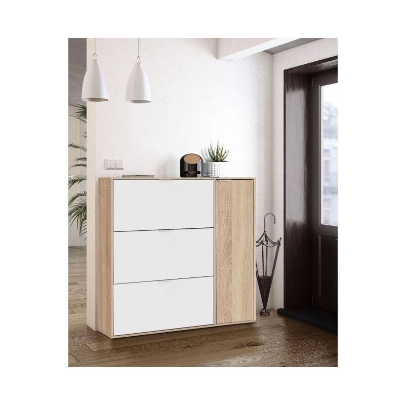 foto del prodotto abitare scarpiera doppia profondit 106x22x115 cm con 3 ribalte e 1 anta bianco opaco e rovere canadese russia