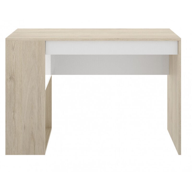 foto del prodotto abitare scrivania 115x50 bianco opaco e rovere naturale con un cassetto e un ripiano laterale ginevra