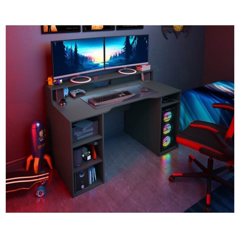 foto del prodotto abitare - scrivania gamer 136x67x88h cm 5 ripiani grigio antracite - danzica