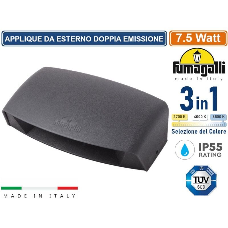 foto del prodotto abram 190 applique da esterno doppia emissione lumninosa colore nero 7.5w ip65 cambia colore luce 3in1 fumagalli