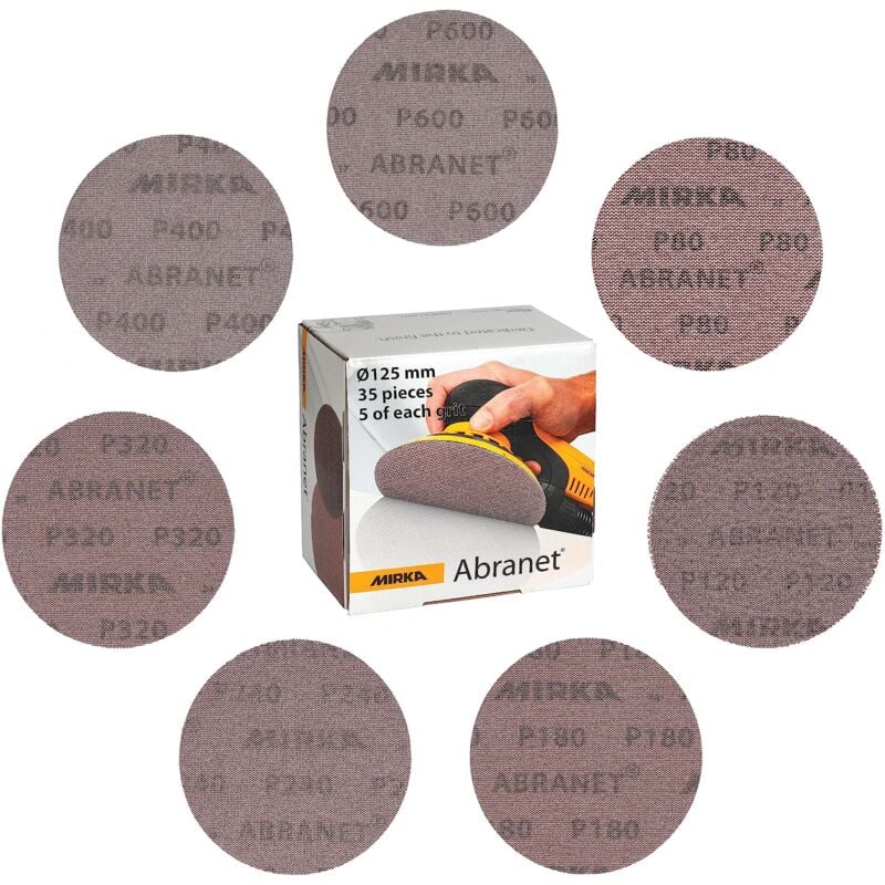 foto del prodotto abranet dischi abrasivi a rete, 125 mm, confezione da 5 pezzi di ogni grana 80, 120, 180, 240, 320, 400, 600 35 pezzi per tutte le levigatrici