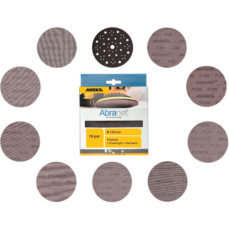 foto del prodotto abranet dischi abrasivi in rete 150mm a strappo confezione mista 1 di ogni grana 80, 100, 120, 150, 180, 220, 320, 400, 600 cuscinetto di