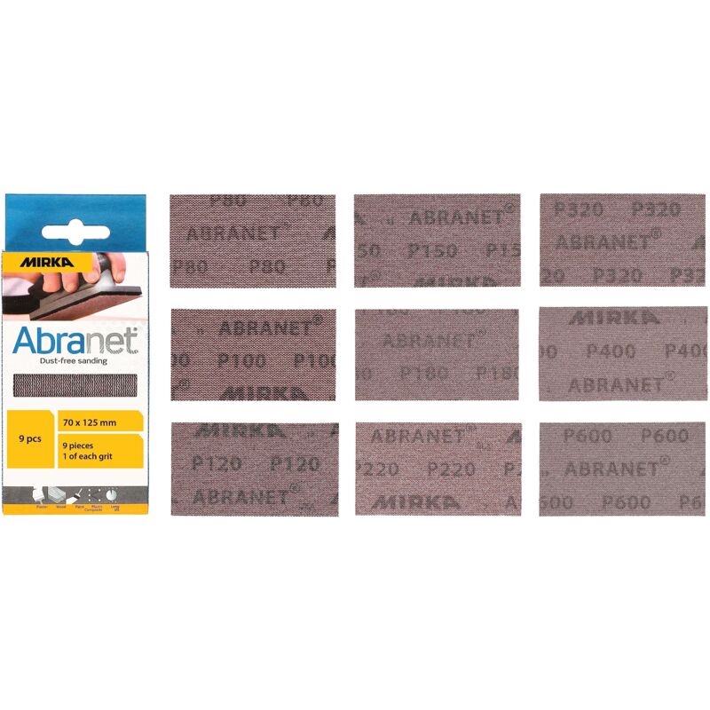 foto del prodotto abranet strisce abrasive a rete, 70 mm x 125 mm, confezione da 1 di ogni grana 80, 100, 120, 150, 180, 220, 320, 400, 600 9 pezzi, per levigare