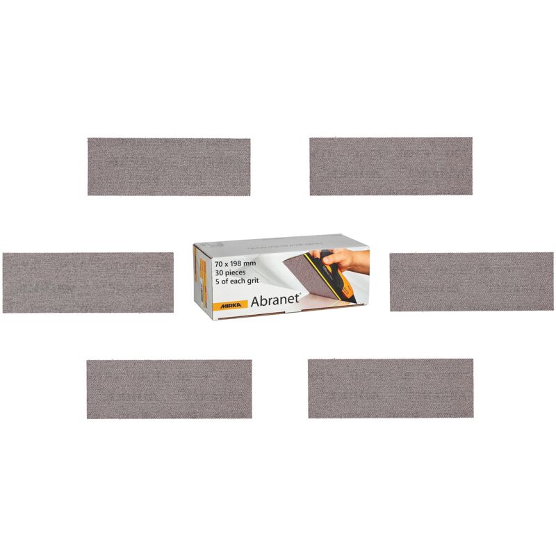 foto del prodotto abranet strisce abrasive a rete, 70 mm x 198 mm, confezione da 5 di ogni grana 80, 120, 180, 240, 320, 400 30 pezzi per levigare legno, spatola,