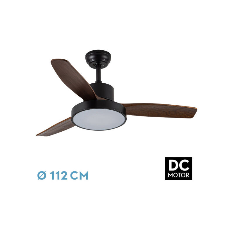 foto del prodotto abrila fan dc kavala black with three reversible blades in oak colour 3 temperatures light with timer and remote control included vintage style