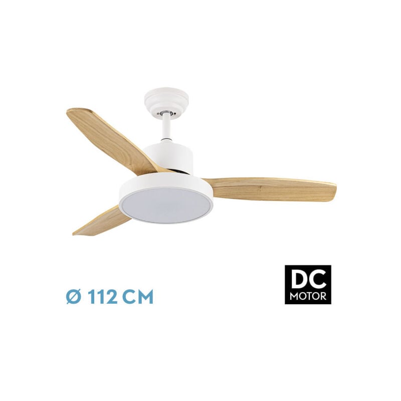 foto del prodotto abrila fan dc kavala white con three reversible blades in beech colour 3 temperatures 3 lights with timer and remote control included vintage style