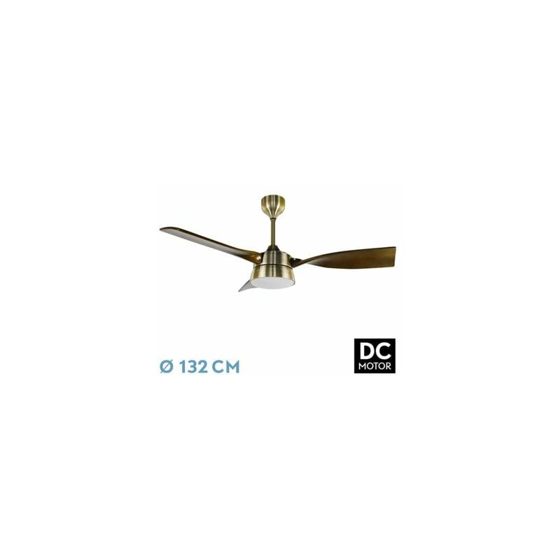foto del prodotto abrila ventilador dc estio color cuero con tres aspas en color roble 6 velocidades ajustables 3 temperaturas de luz con temporizador y mando a