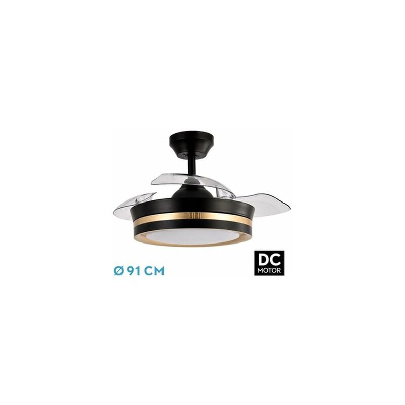 foto del prodotto abrila ventilador dc viper color negro color oro con tres aspas desplegables ventilador 6 velocidades ajustables con 3 temperaturas de luz mando a