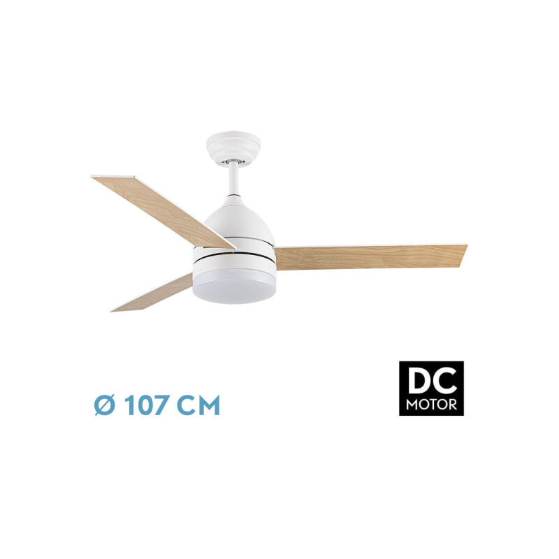 foto del prodotto abrila ventilatore dc legio colore white con three lame reversibili in colore bianco beech 3 temperature de light con timer e telecomando incluso