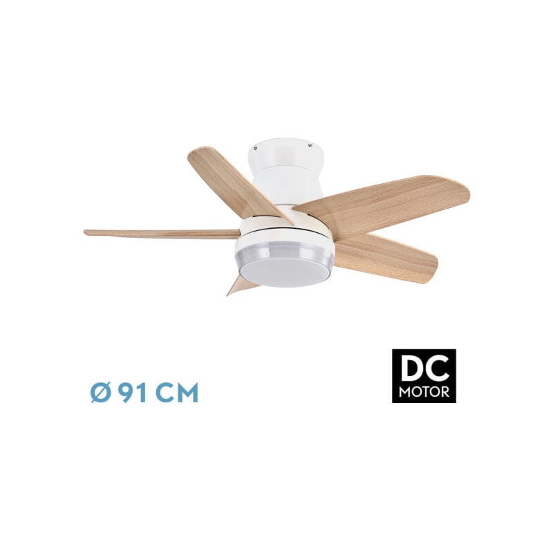 foto del prodotto abrila ventilatore dc neutron colore white con cinque pale in colore faggio con 6 velocit regolabili con 3 temperature di light telecomando incluso
