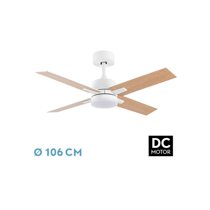 foto del prodotto abrila ventilatore dc talco white con quattro lame reversibili in colore bianco beech 3 temperature de luce selezionabile con memoria de colore