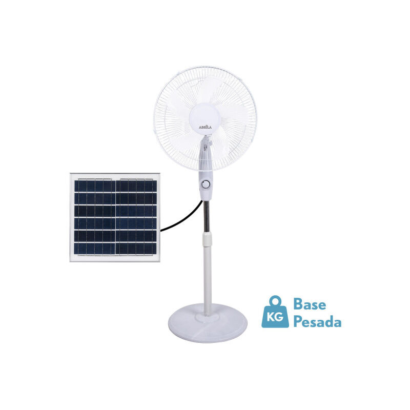 foto del prodotto abrila ventilatore piede dc frontain con cinque pale 3 velocit regolabili include un pannello solar dotato di porta usb e telecomando testa del