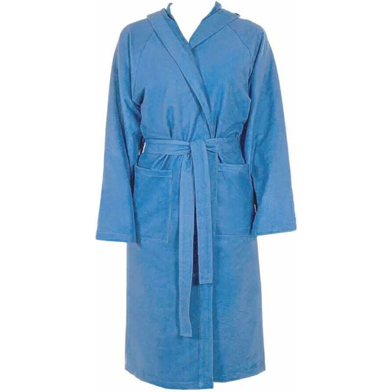 foto del prodotto accappatoio microfibra moderno tinta unita morbido uomo donna cintura tasche cappuccio blu s