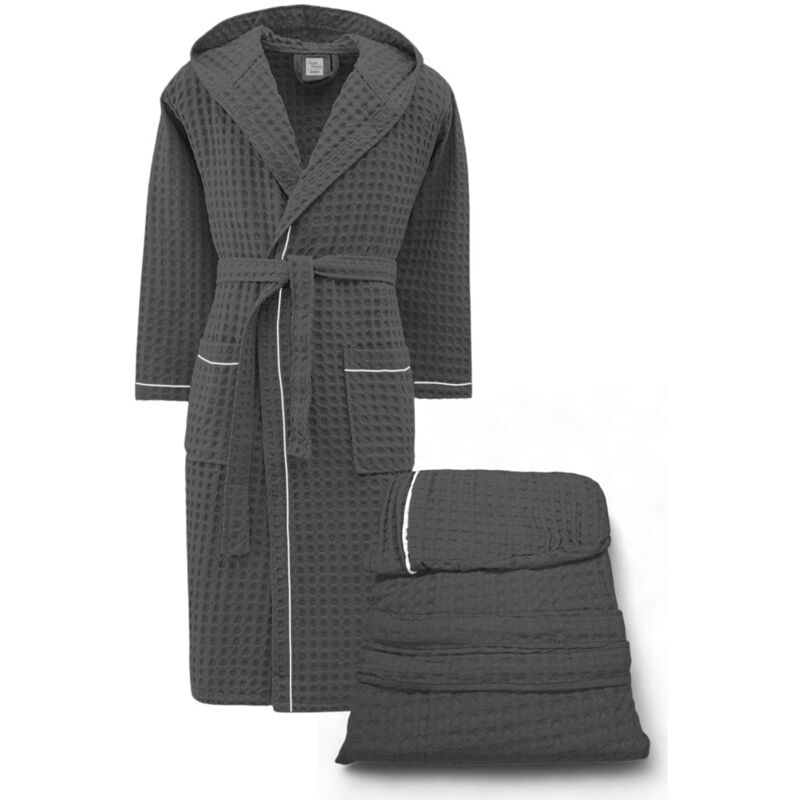 foto del prodotto accappatoio uomo donna in cotone con cappuccio, beeapone nido d'ape, colore antracite, asciugatura rapida, morbido s