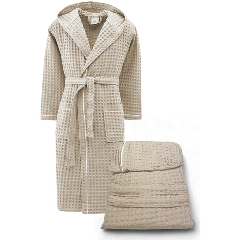 foto del prodotto accappatoio uomo donna in cotone con cappuccio, beeapone nido d'ape, colore beige, asciugatura rapida, morbido l