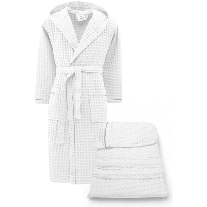 foto del prodotto accappatoio uomo donna in cotone con cappuccio, beeapone nido d'ape, colore bianco, asciugatura rapida, morbido m