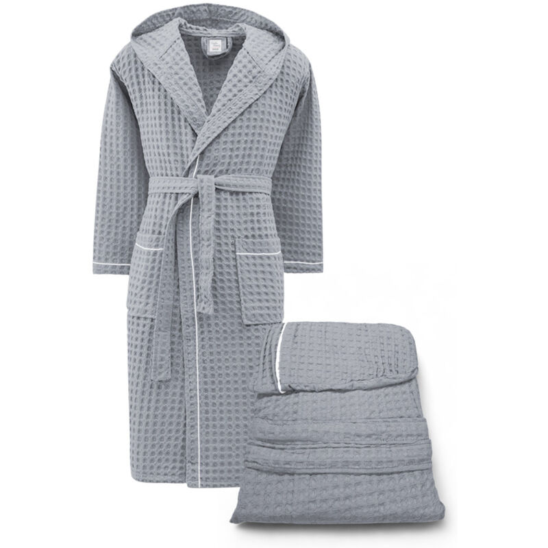 foto del prodotto accappatoio uomo donna in cotone con cappuccio, beeapone nido d ape, colore grigio chiaro, asciugatura rapida, morbido s
