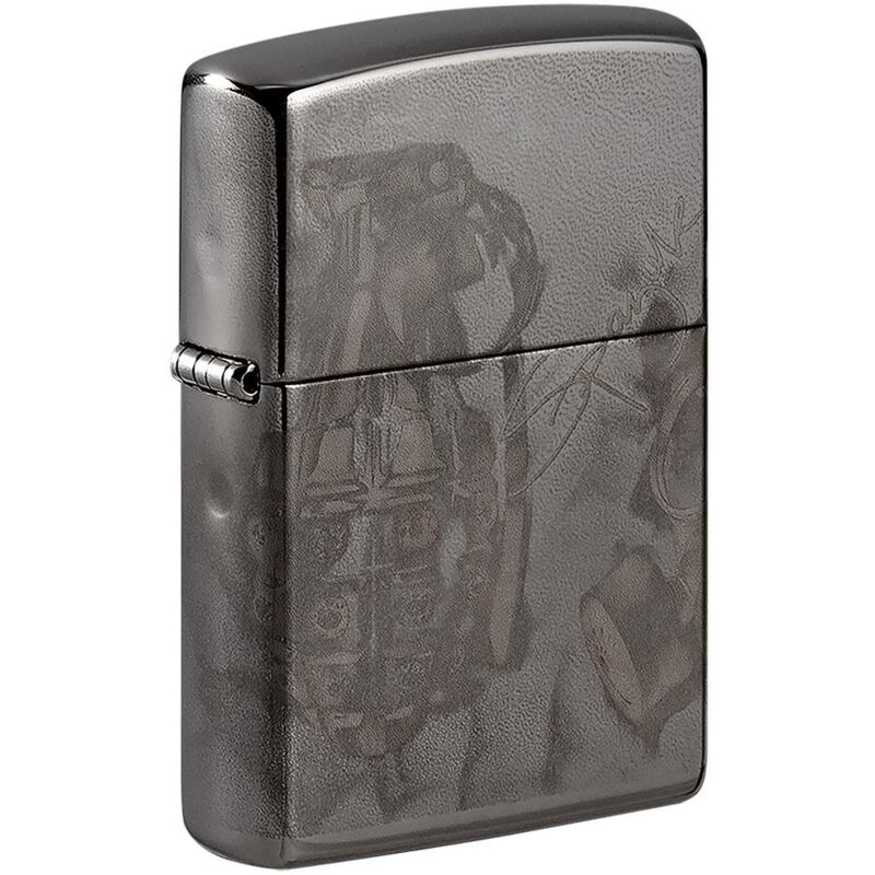 foto del prodotto accendino antivento spazuk grenade, immagine fotografica a 360 , colore nero lucido, ricaricabile, in confezione regalo di alta qualit zippo