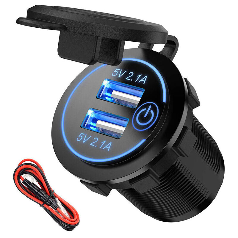 foto del prodotto accendisigari usb doppia presa usb 4,8 a 12 v presa usb impermeabile 5 v 2,4 a con indicatore led adattatore di ricarica per auto, camion,