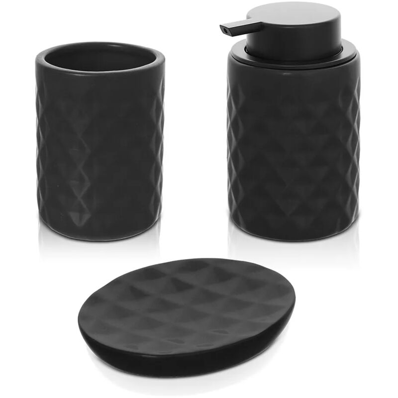 foto del prodotto accessori bagno da appoggio in set 3 pezzi ceramica colore nero cristal
