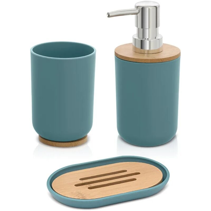 foto del prodotto accessori bagno da appoggio in set 3 pezzi in abs acquamarina e bamb surf