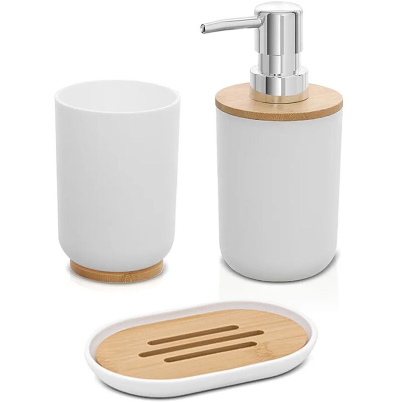 foto del prodotto accessori bagno da appoggio in set 3 pezzi in abs bianco e bamb surf