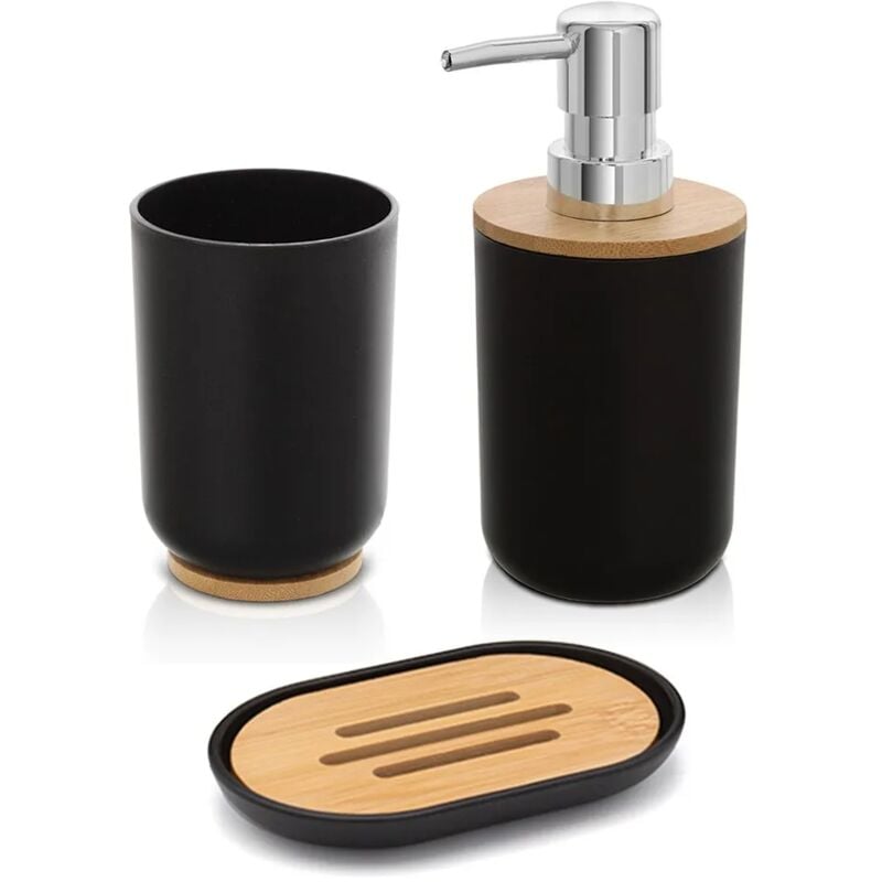 foto del prodotto accessori bagno da appoggio in set 3 pezzi in abs nero e bamb surf