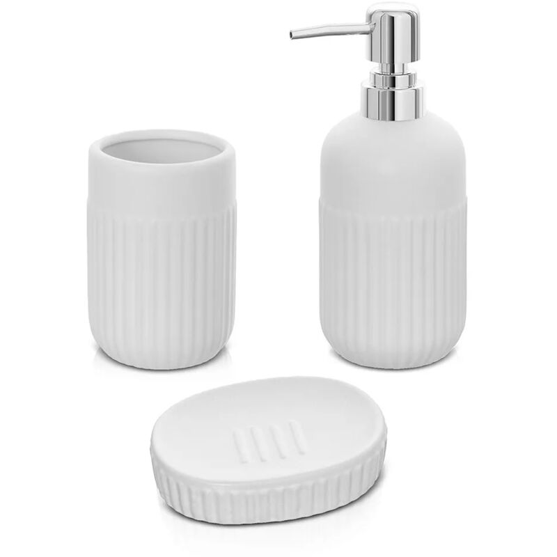 foto del prodotto accessori bagno da appoggio in set 3 pezzi in ceramica colore bianco cup