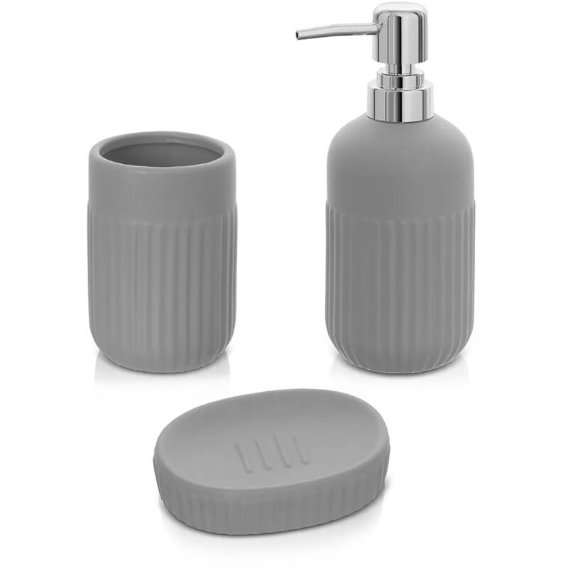 foto del prodotto accessori bagno da appoggio in set 3 pezzi in ceramica colore grigio cup