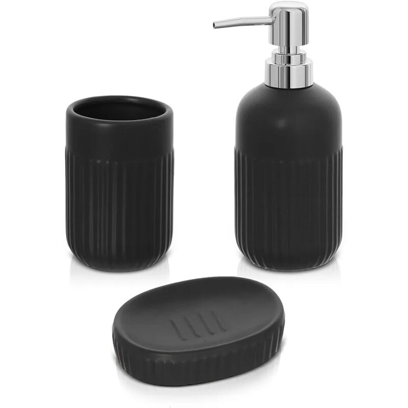 foto del prodotto accessori bagno da appoggio in set 3 pezzi in ceramica colore nero cup