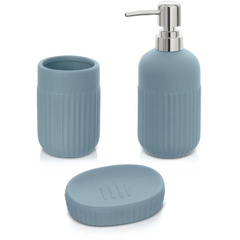 foto del prodotto accessori bagno da appoggio in set 3 pezzi in ceramica colore turchese cobalto cup