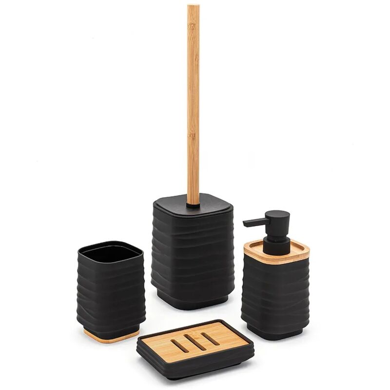 foto del prodotto accessori bagno in set completo da 4 pezzi in abs nero linea wave
