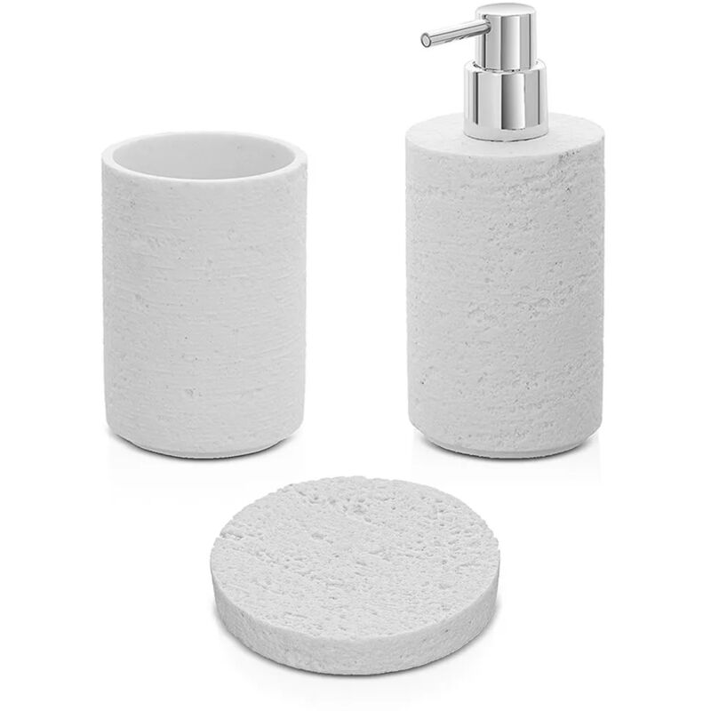 foto del prodotto accessori bagno in set da 3 pezzi bianco in resina effetto pietra matera
