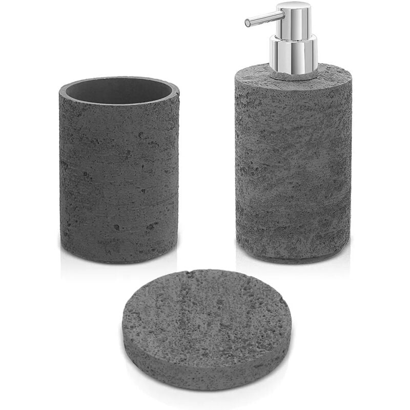foto del prodotto accessori bagno in set da 3 pezzi grigio in resina effetto pietra matera