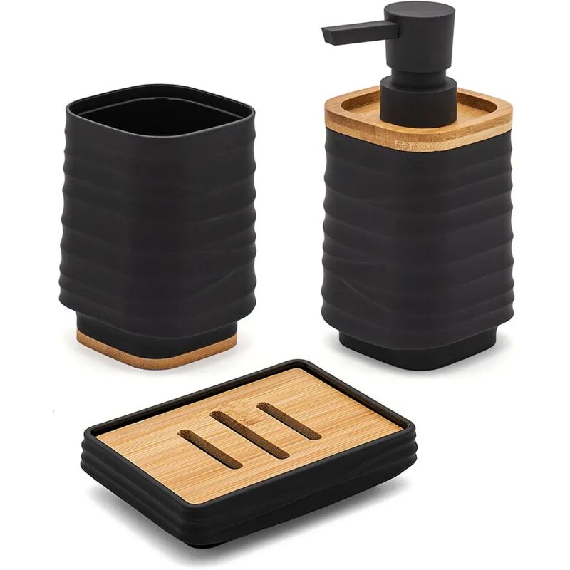 foto del prodotto accessori bagno in set da 3 pezzi in abs nero linea wave