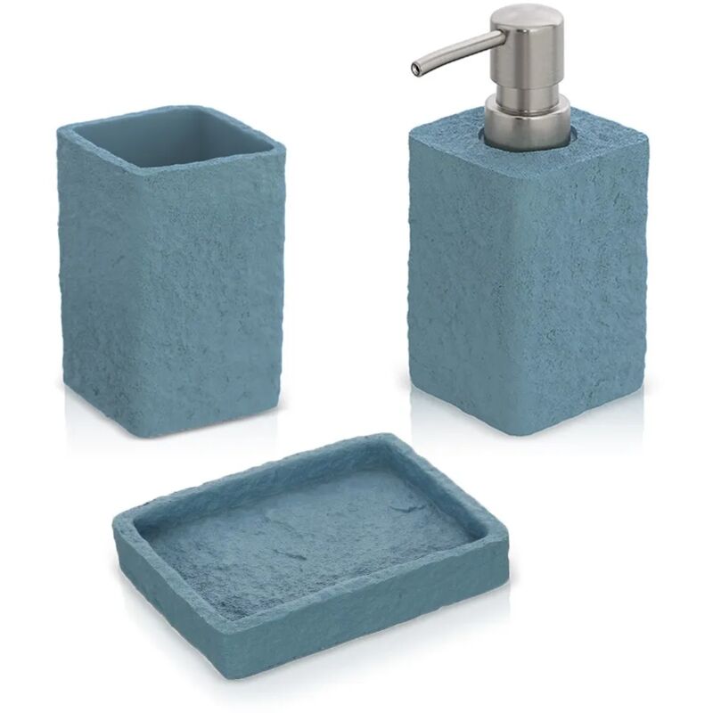 foto del prodotto accessori bagno in set da 3 pezzi in resina turchese cobalto effetto pietra