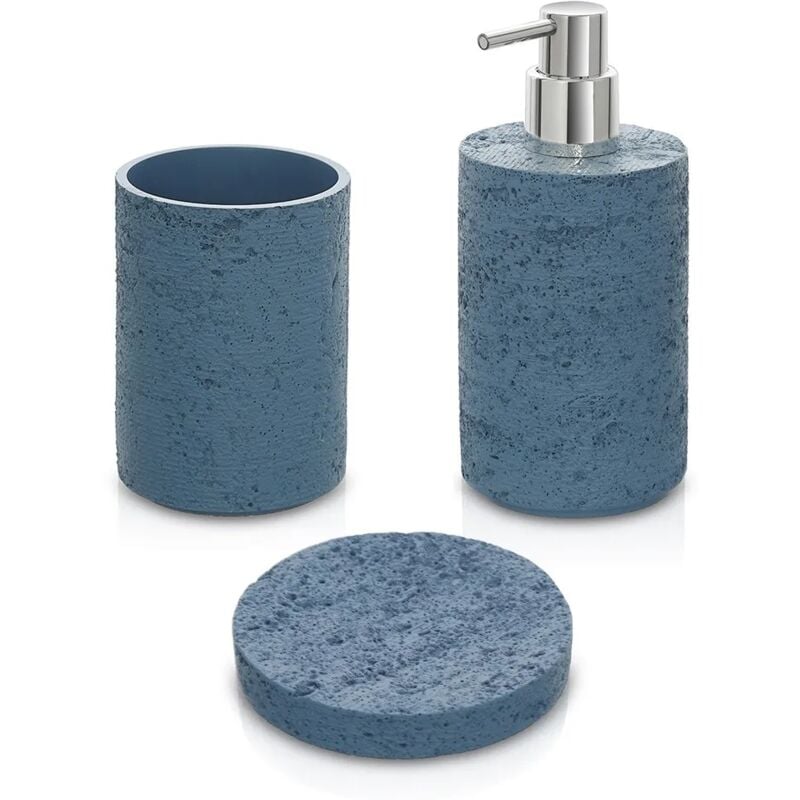 foto del prodotto accessori bagno in set da 3 pezzi turchese cobalto in resina effetto pietra matera