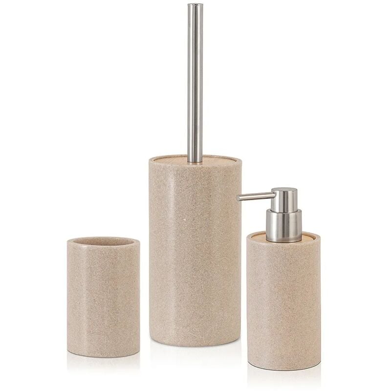 foto del prodotto accessori bagno moderni in resina beige dispenser portaspazzolino portascopino sahara