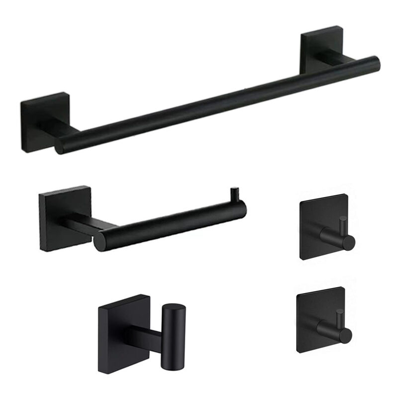 foto del prodotto accessori per il bagno, set da cinque pezzi, portasciugamani, barra portasciugamani, portarotolo di carta, gancio in acciaio inossidabile