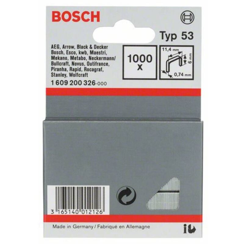 foto del prodotto accessories 1609200326 graffette punto sottile tipo 53 1000 pz. dimensioni l x l 6 mm x 11.4 mm bosch