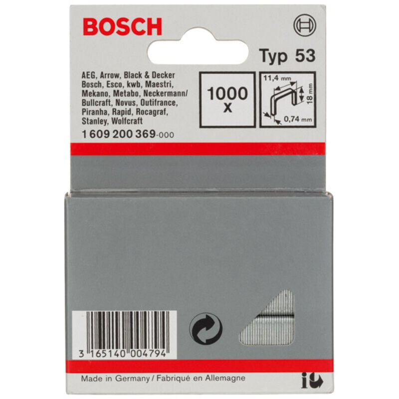 foto del prodotto accessories 1609200369 graffette punto sottile tipo 53 1000 pz. dimensioni l x l 18 mm x 11.4 mm bosch