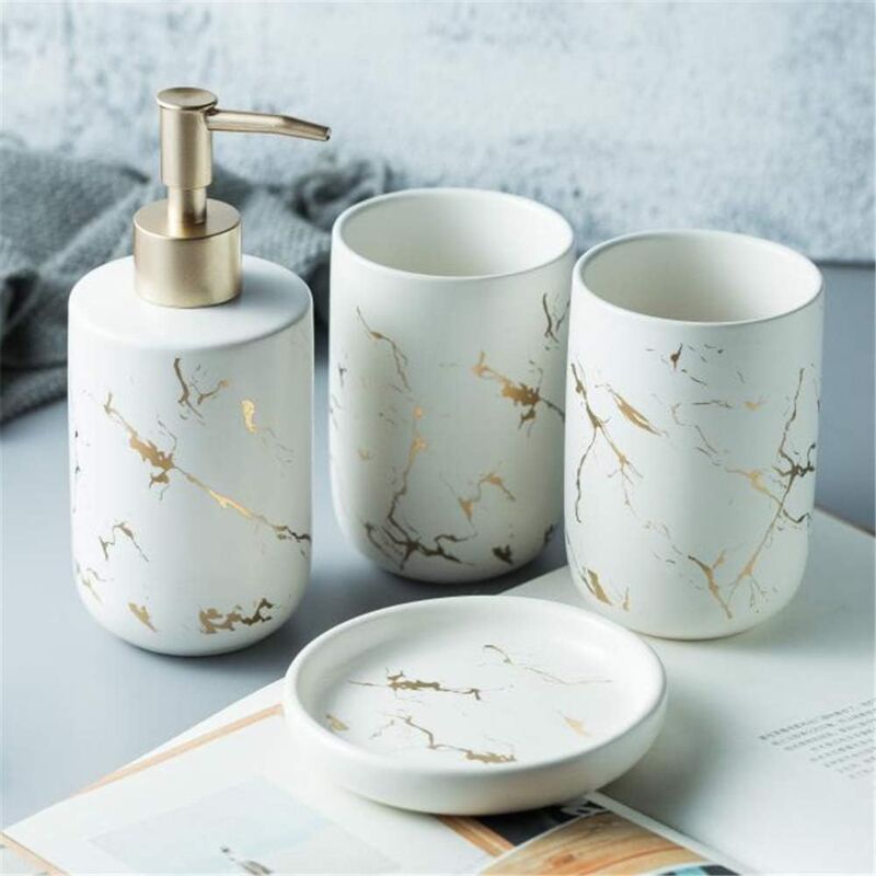 foto del prodotto accessorio da bagno, portaspazzolino con 2 tazze, dispenser di sapone in ceramica bianco 
