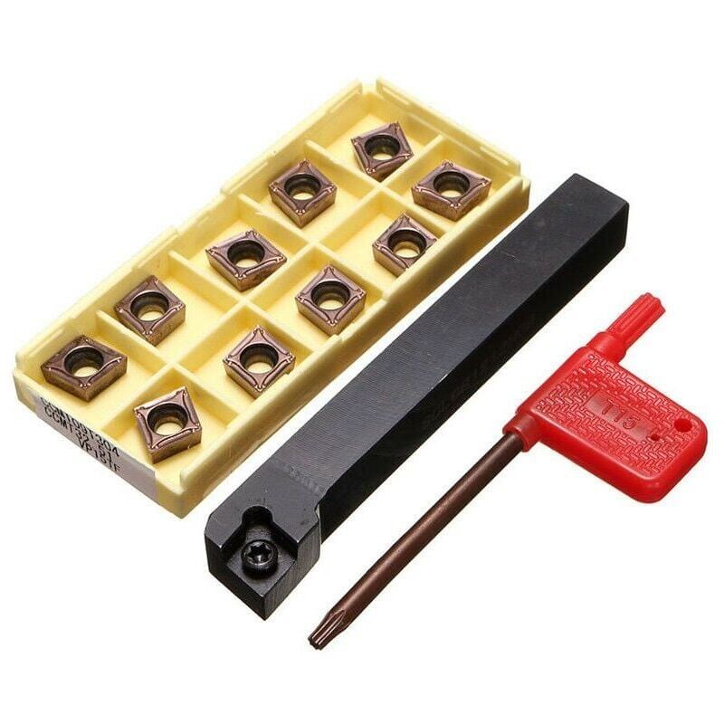 foto del prodotto accessorio per tornio in metallo, portautensili per tornitura 12x100mm con 10 inserti in metallo duro ccmt09t304-pm e una barra