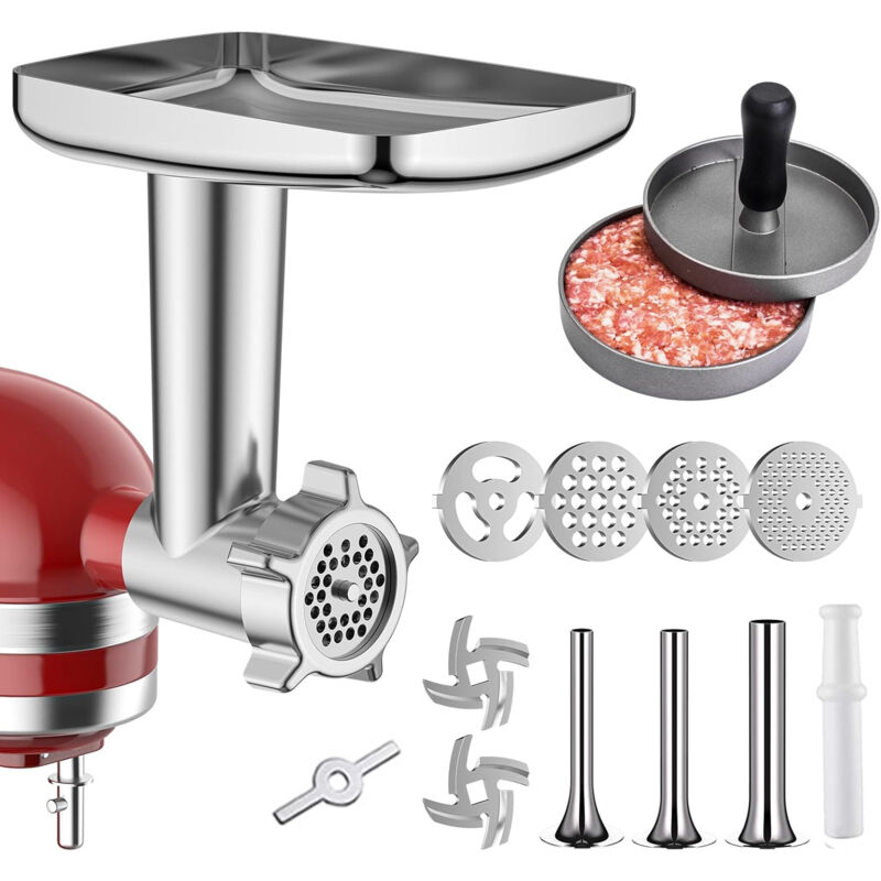 foto del prodotto accessorio per tritacarne in metallo per robot da cucina kitchenaid, tritacarne e insaccatrice, include 3 accessori per insaccatrice, tritacarne