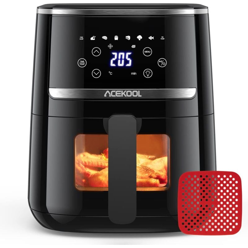 foto del prodotto acekool friggitrice ad aria 4.5 litri, 1500w air fryer, friggitrice ad aria calda a risparmio energetico senza rumore con 8 programmi, tappetino da